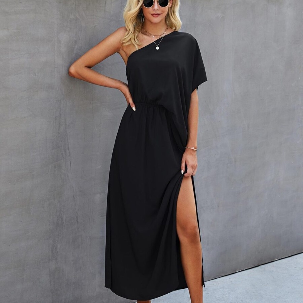 black one shoulder side slit maxi dress classic - Picture 3 of 3